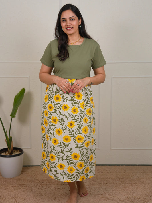 Green Sunflower Calf Length