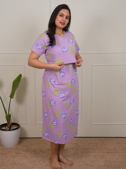 Purple White Flower Calf Length