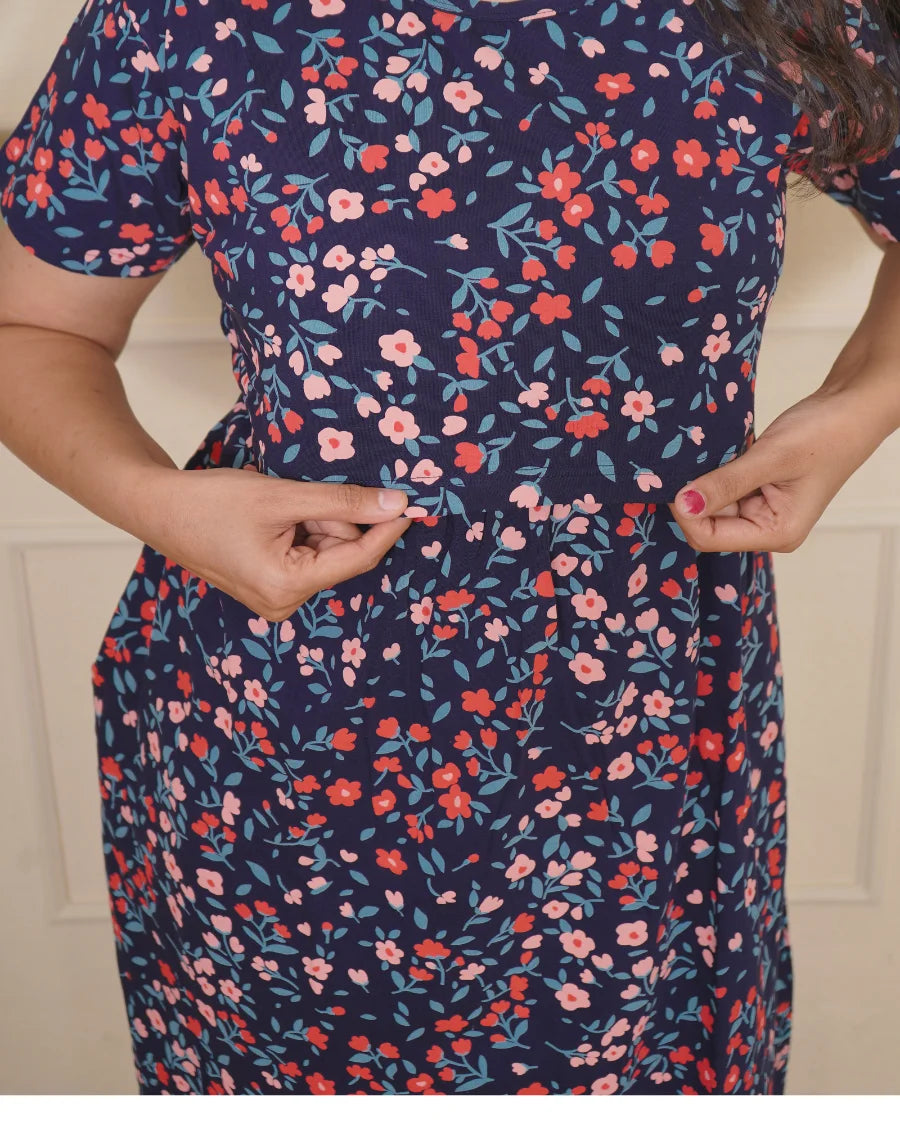 Navy mini flowers Calf Length