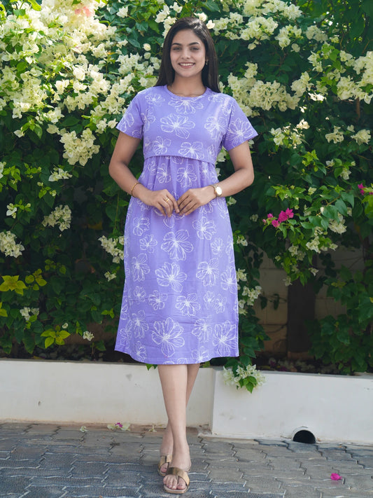 Purple Floral Calf Length