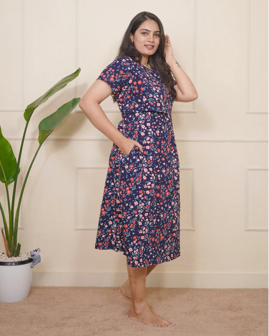 Navy mini flowers Calf Length