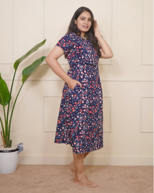 Navy mini flowers Calf Length