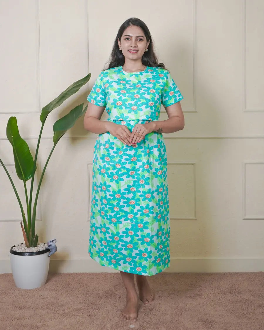 Teal blue floral Calf Length