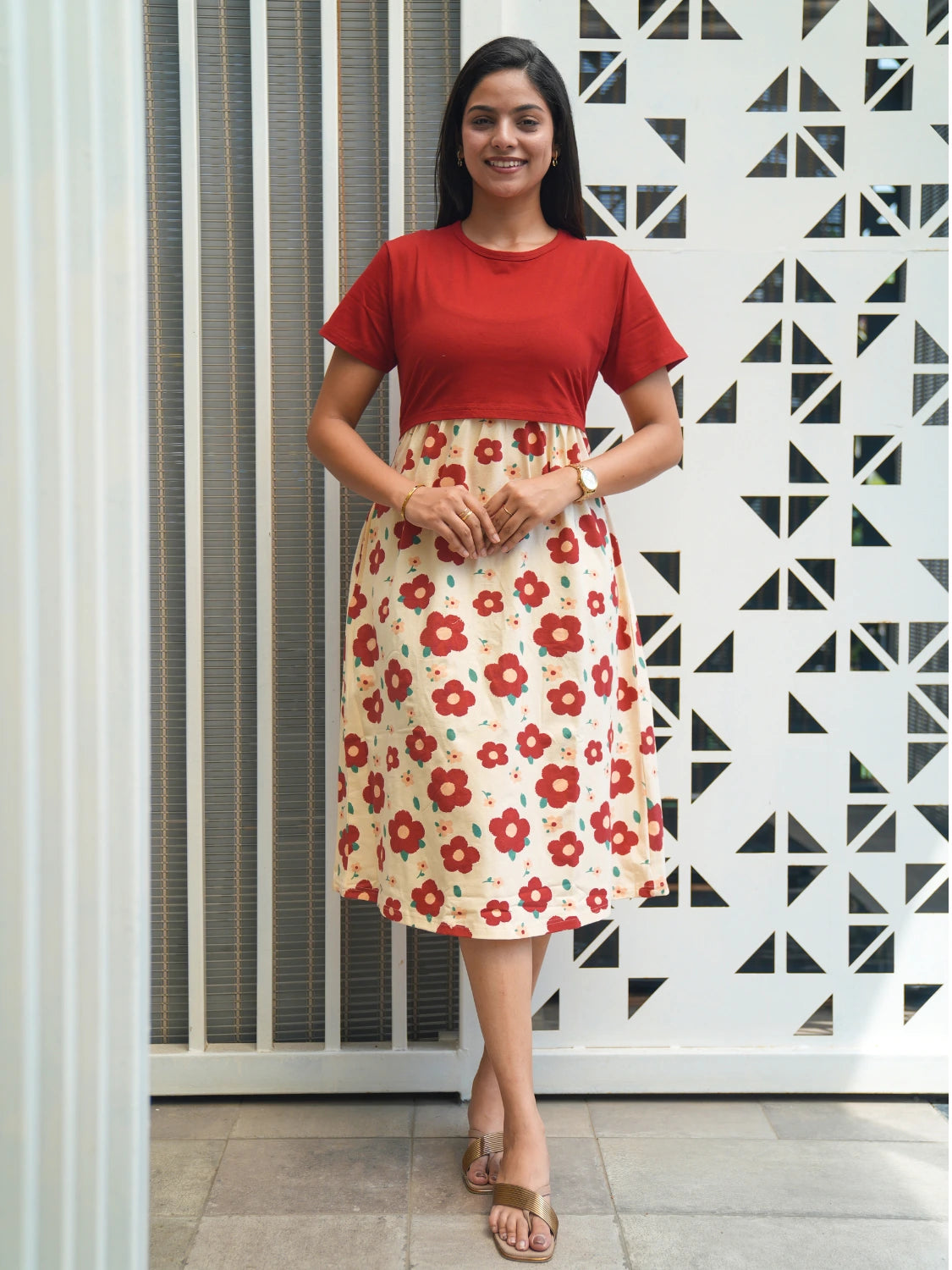 Red Flowers Calf Length